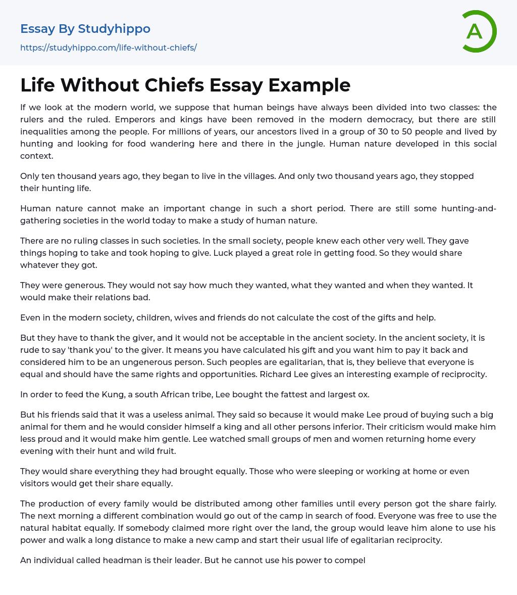 Life Without Chiefs Essay Example