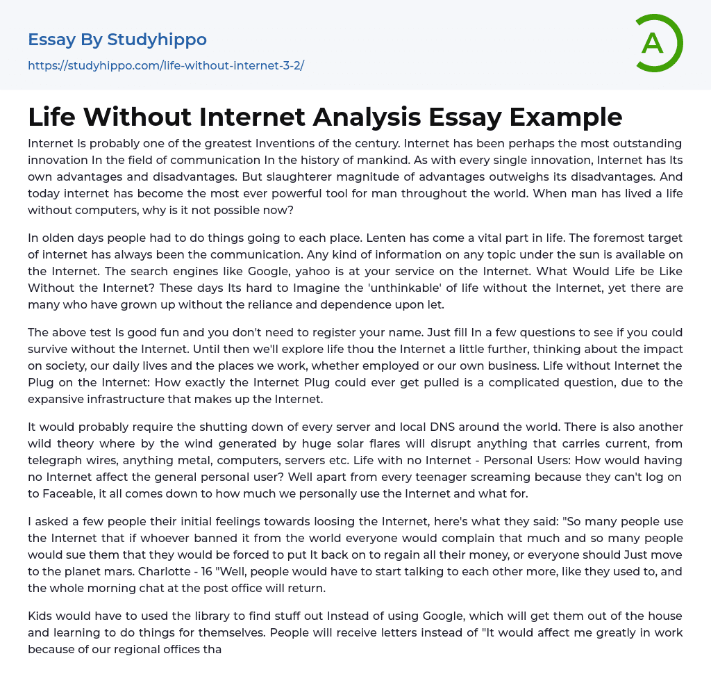 Life Without Internet Analysis Essay Example