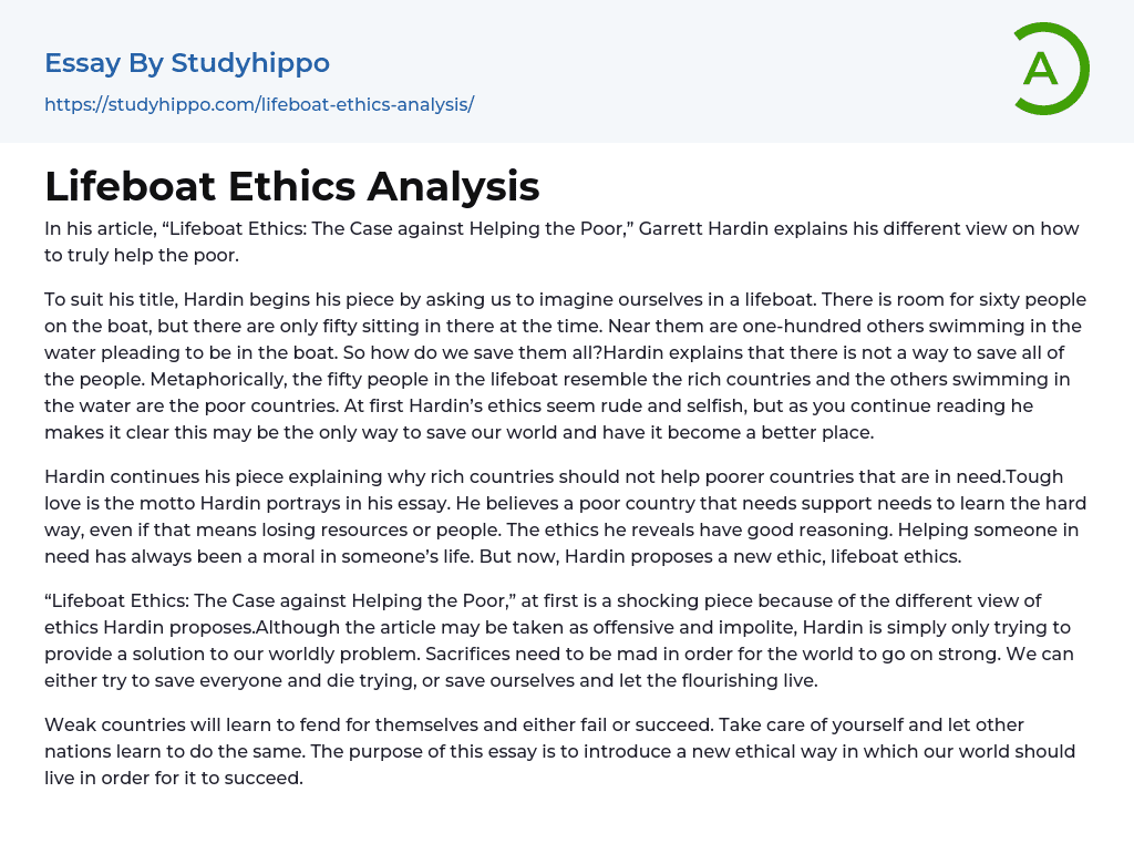 Lifeboat Ethics Analysis Essay Example