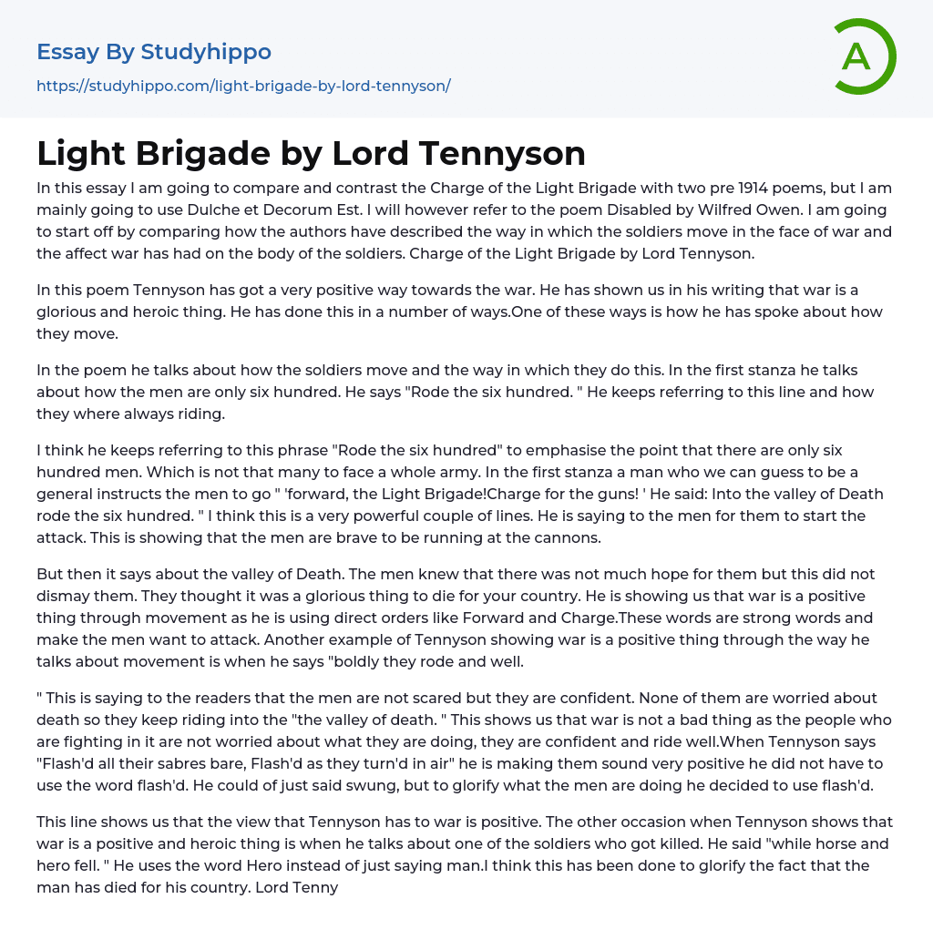 Light Brigade by Lord Tennyson Essay Example