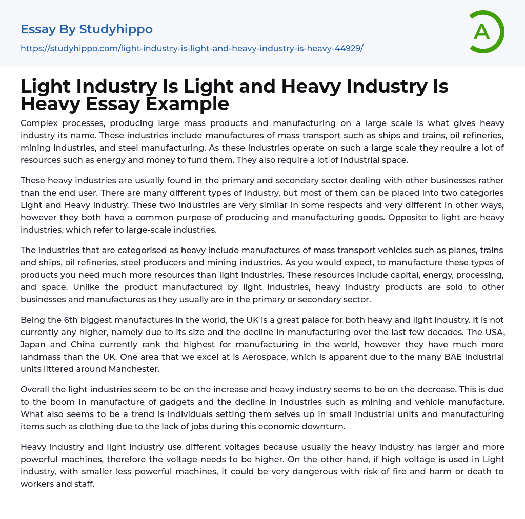 Light Industry Is Light and Heavy Industry Is Heavy Essay Example
