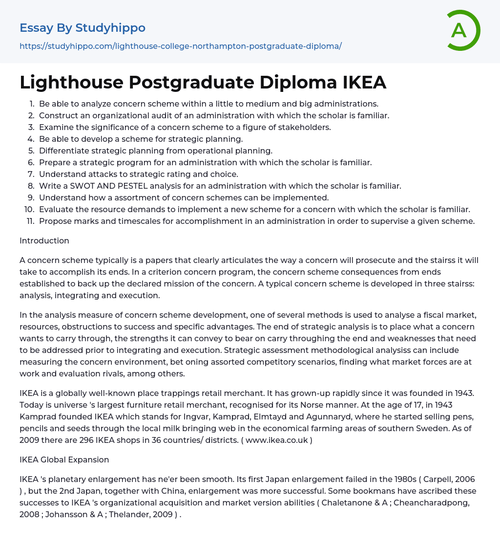 Lighthouse Postgraduate Diploma IKEA Essay Example