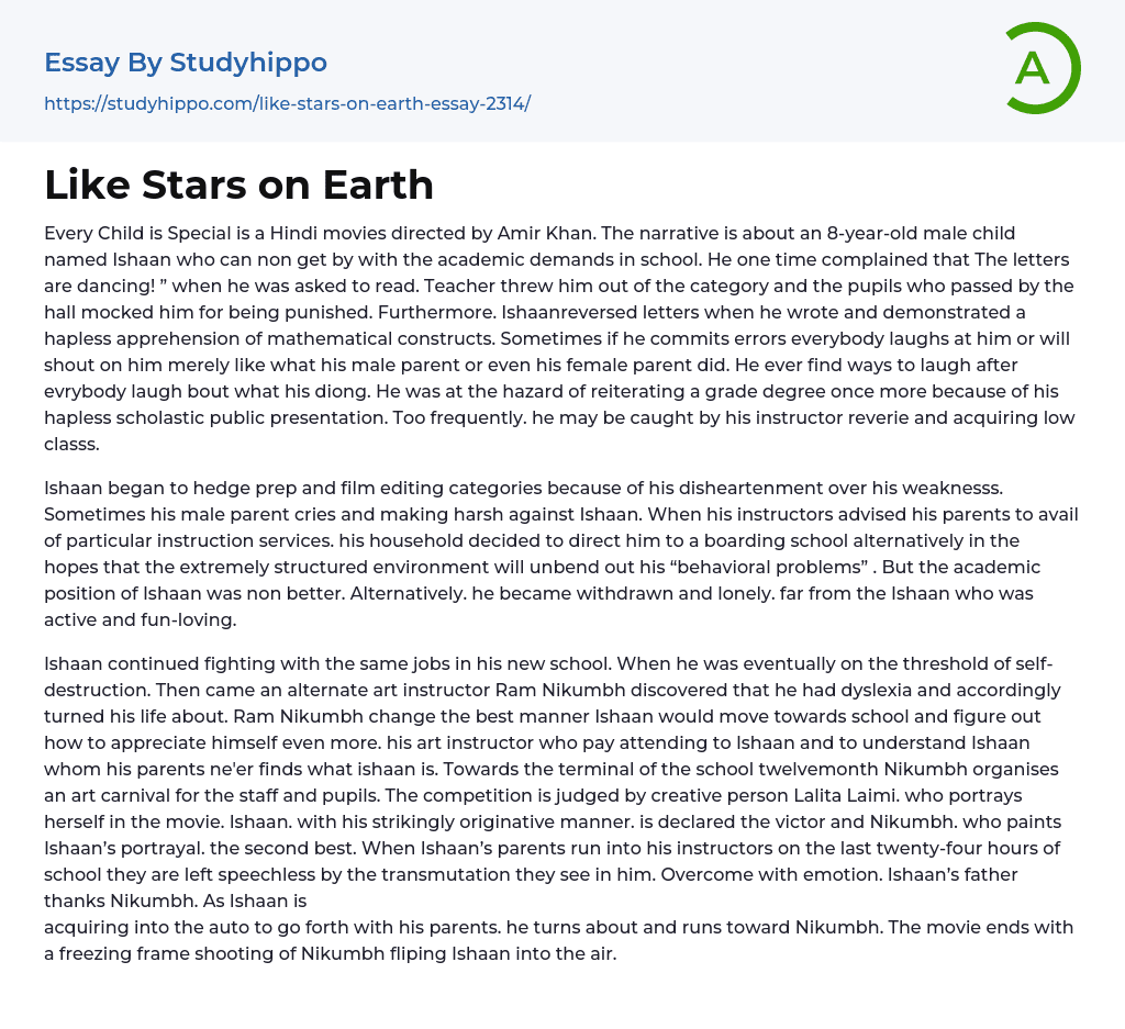 Like Stars on Earth Essay Example