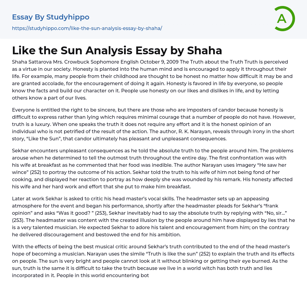 Like the Sun Analysis Essay by Shaha