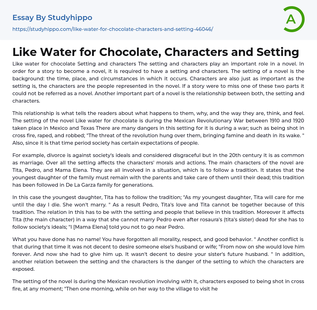 Like Water for Chocolate, Characters and Setting Essay Example