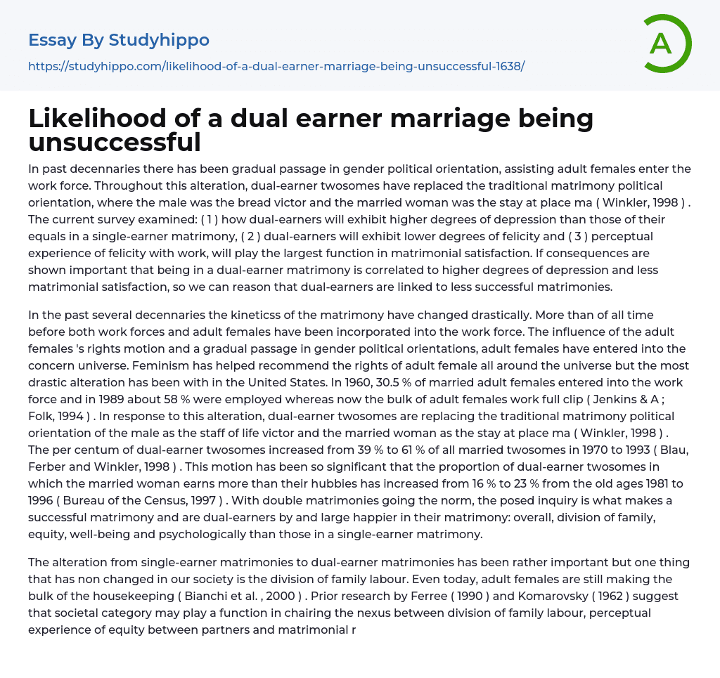 Likelihood of a dual earner marriage being unsuccessful Essay Example