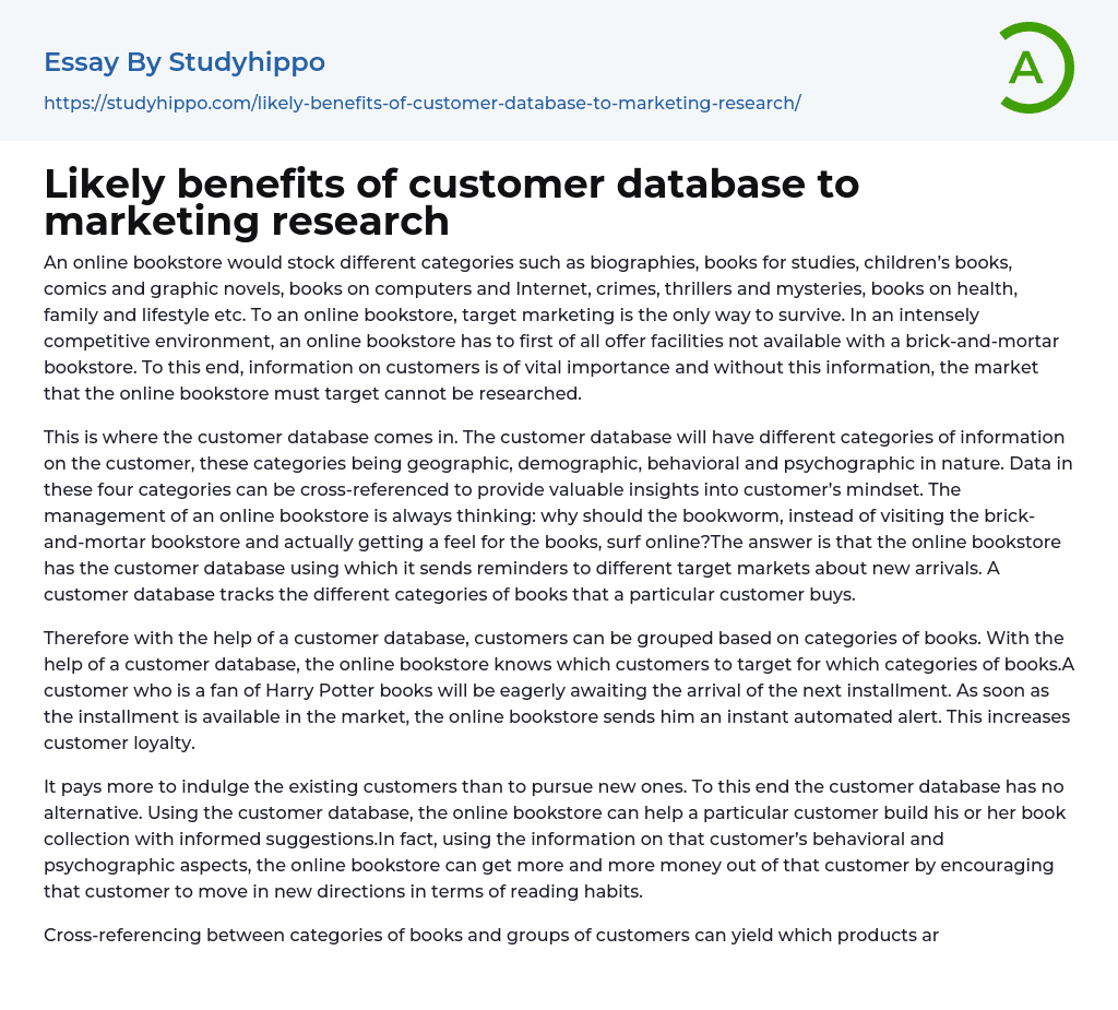 Likely benefits of customer database to marketing research Essay Example