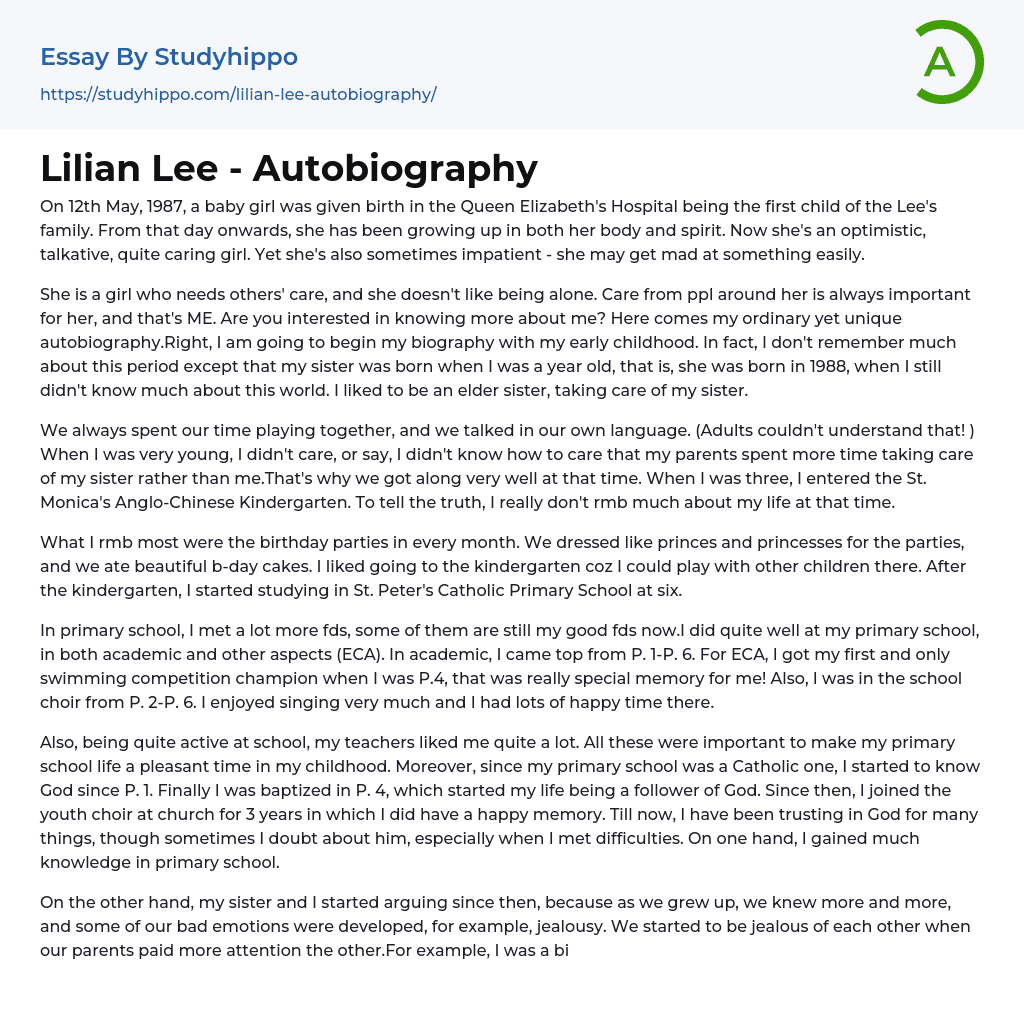 Lilian Lee – Autobiography Essay Example