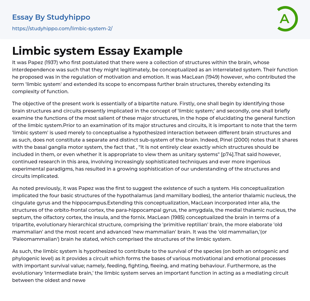 Limbic system Essay Example
