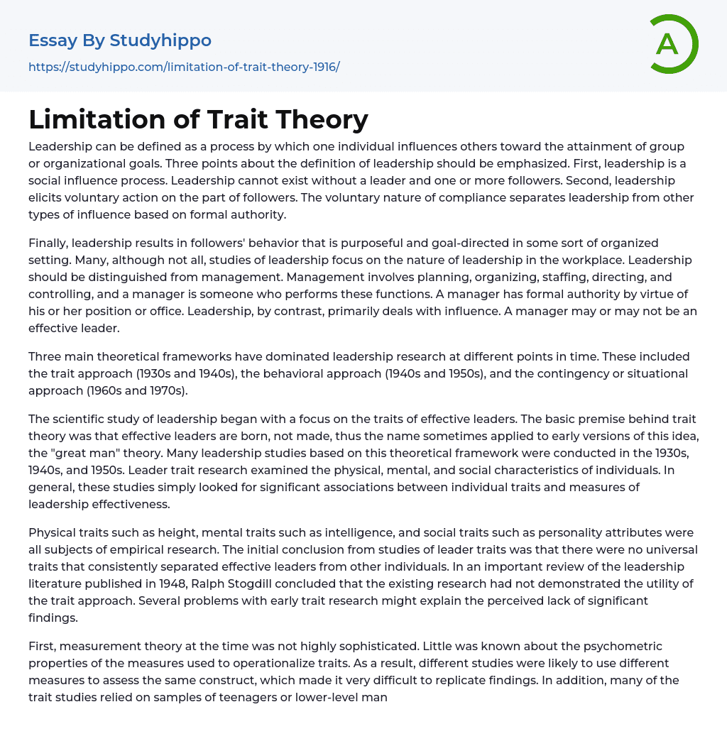 Limitation of Trait Theory Essay Example