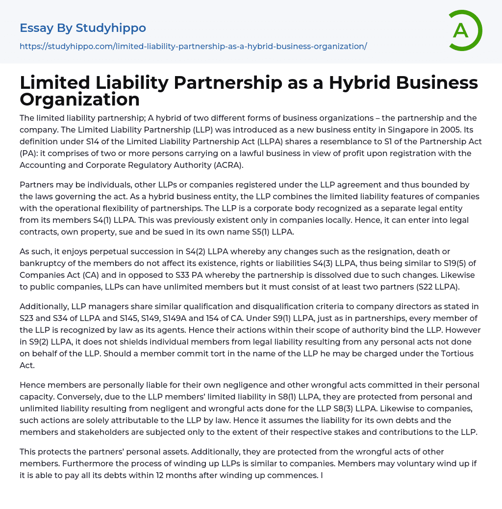 Limited Liability Partnership as a Hybrid Business Organization Essay Example