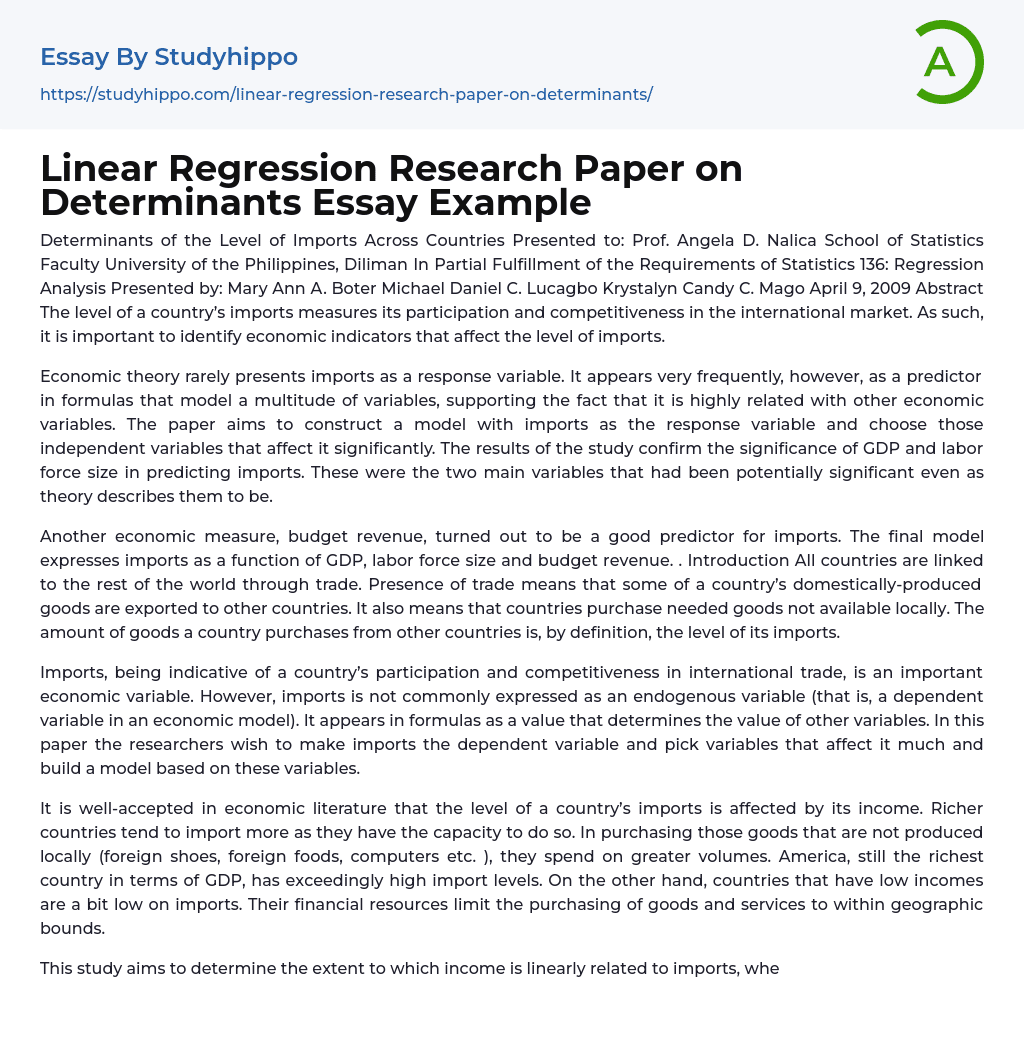 Linear Regression Research Paper on Determinants Essay Example