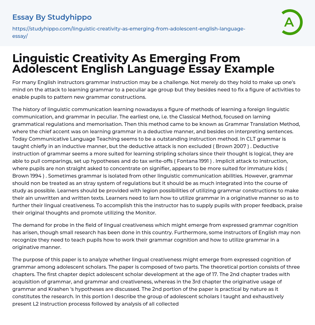 Linguistic Creativity As Emerging From Adolescent English Language Essay Example