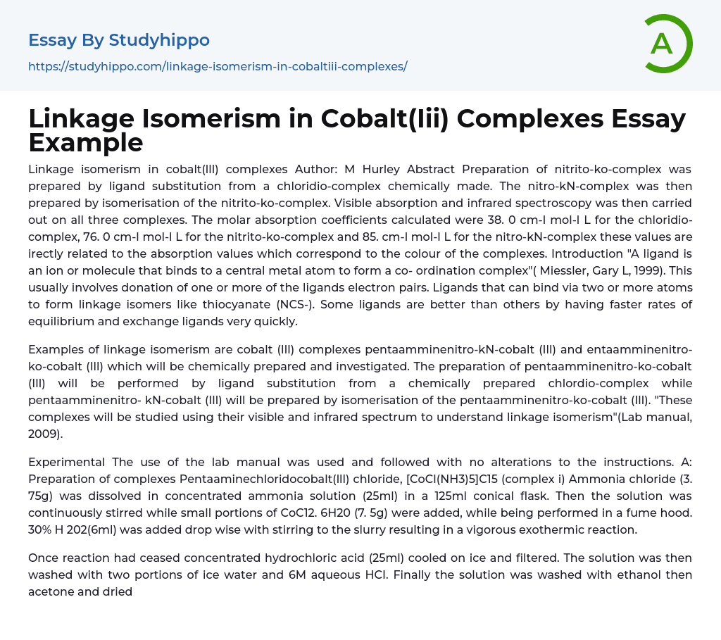 Linkage Isomerism in Cobalt Complexes Essay Example
