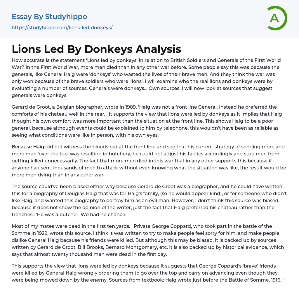 Lions Led By Donkeys Analysis Essay Example