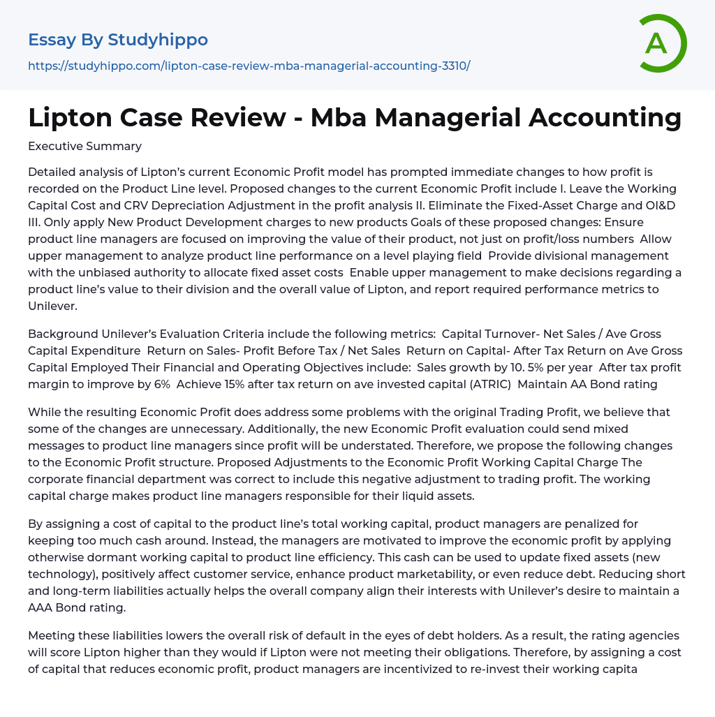 Lipton Case Review – Mba Managerial Accounting Essay Example