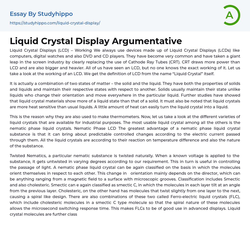 Liquid Crystal Display Argumentative Essay Example