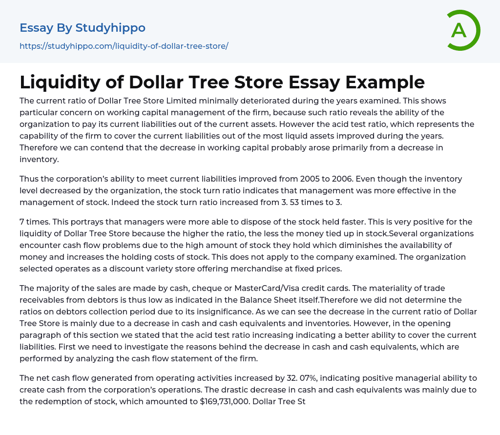 Liquidity of Dollar Tree Store Essay Example