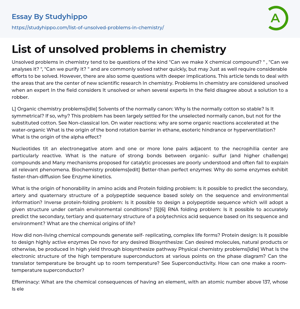 List of unsolved problems in chemistry Essay Example