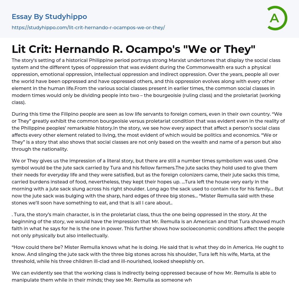 Lit Crit: Hernando R. Ocampo’s “We or They” Essay Example