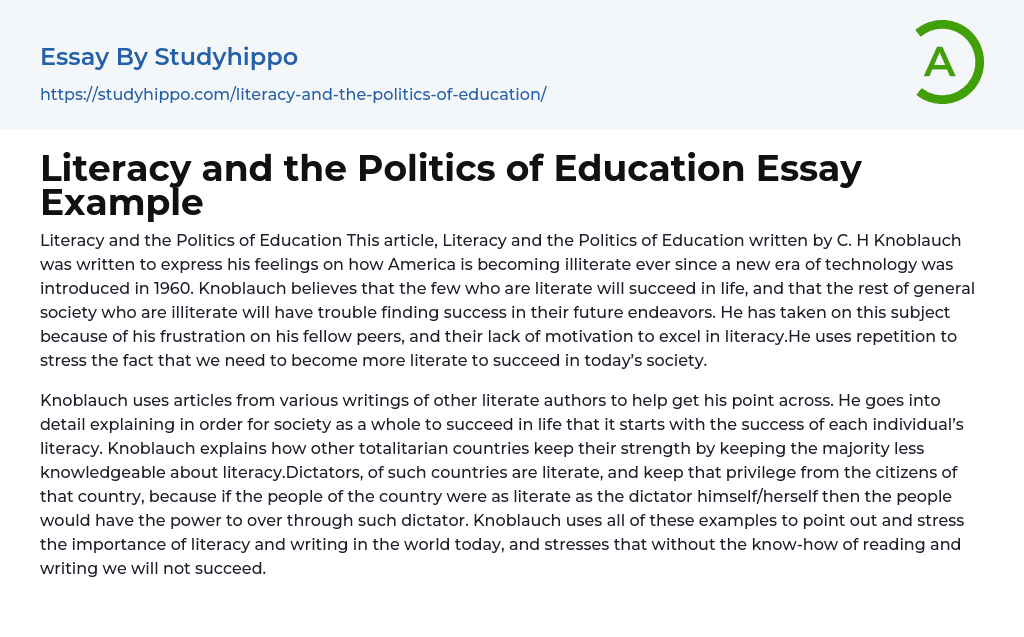 Literacy and the Politics of Education Essay Example
