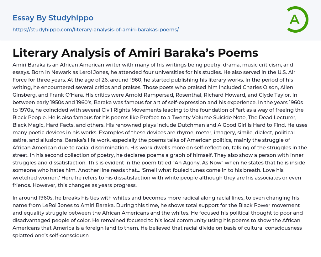Literary Analysis of Amiri Baraka’s Poems Essay Example