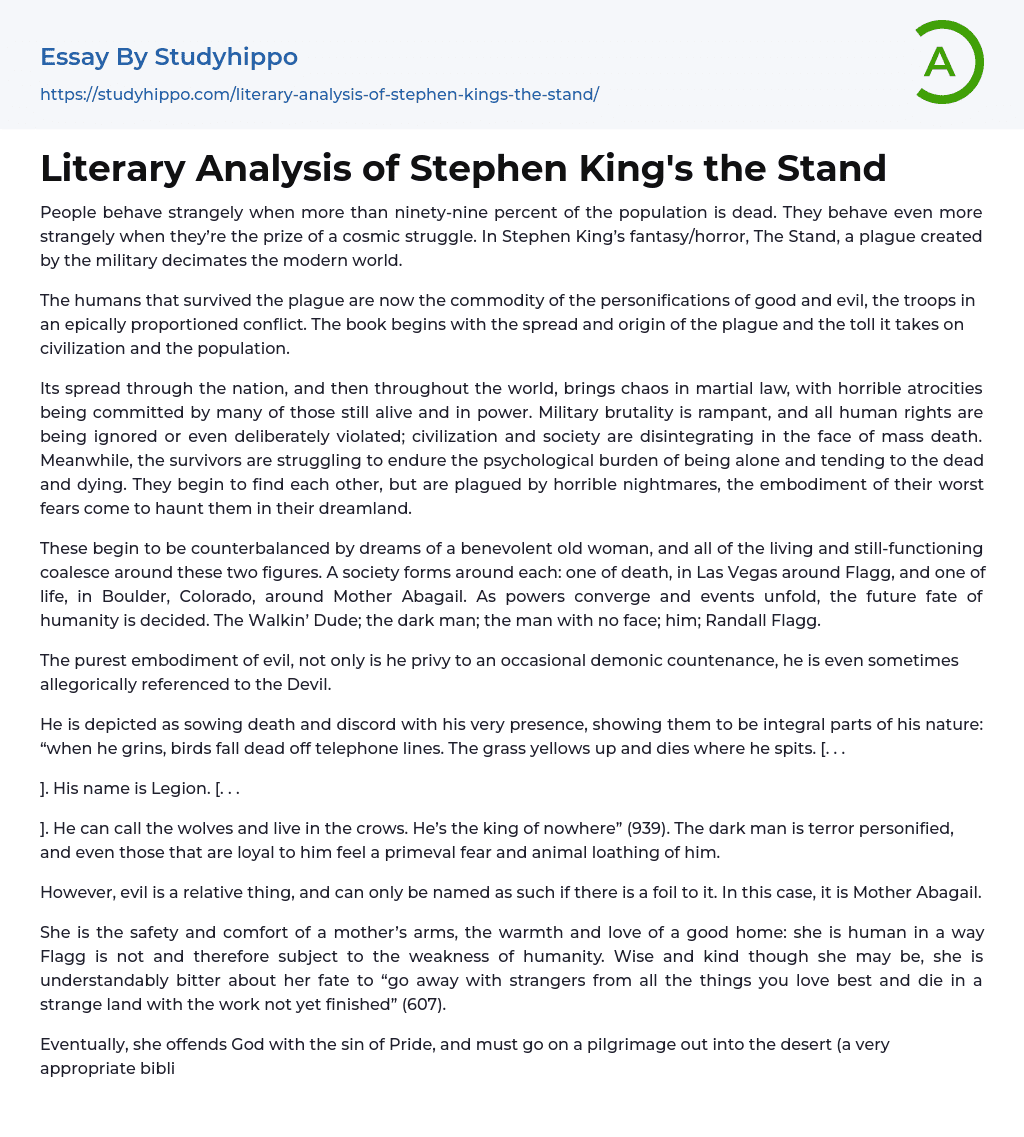 Literary Analysis of Stephen King’s the Stand Essay Example