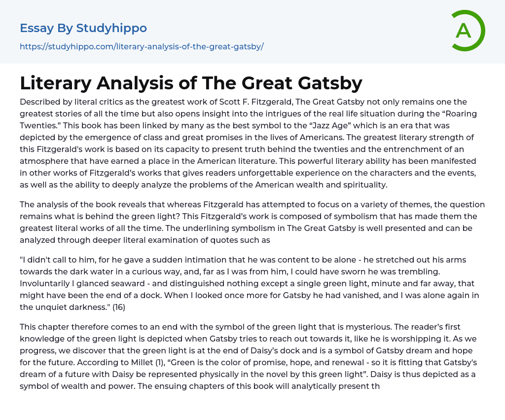 Literary Analysis of The Great Gatsby Essay Example