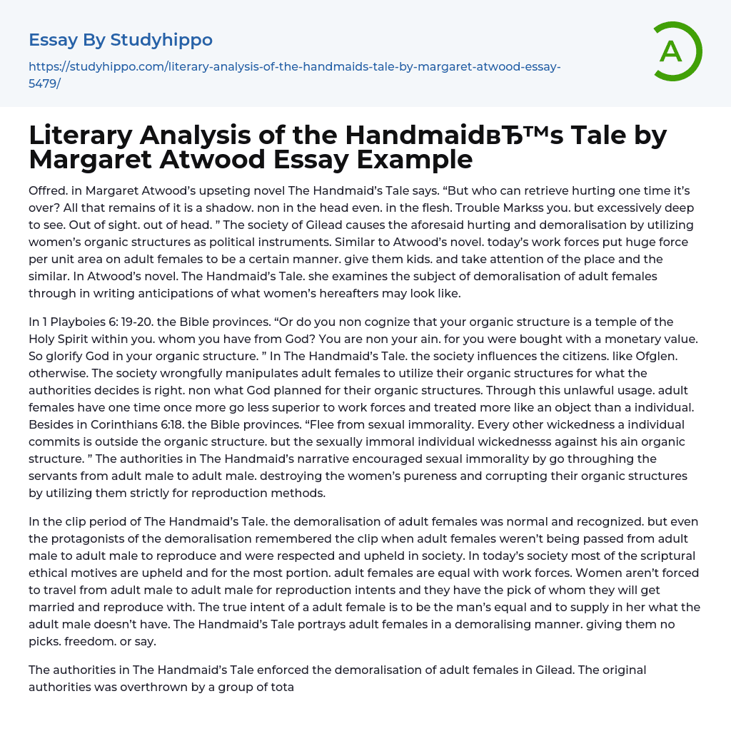 Literary Analysis of the Handmaid’s Tale by Margaret Atwood Essay Example