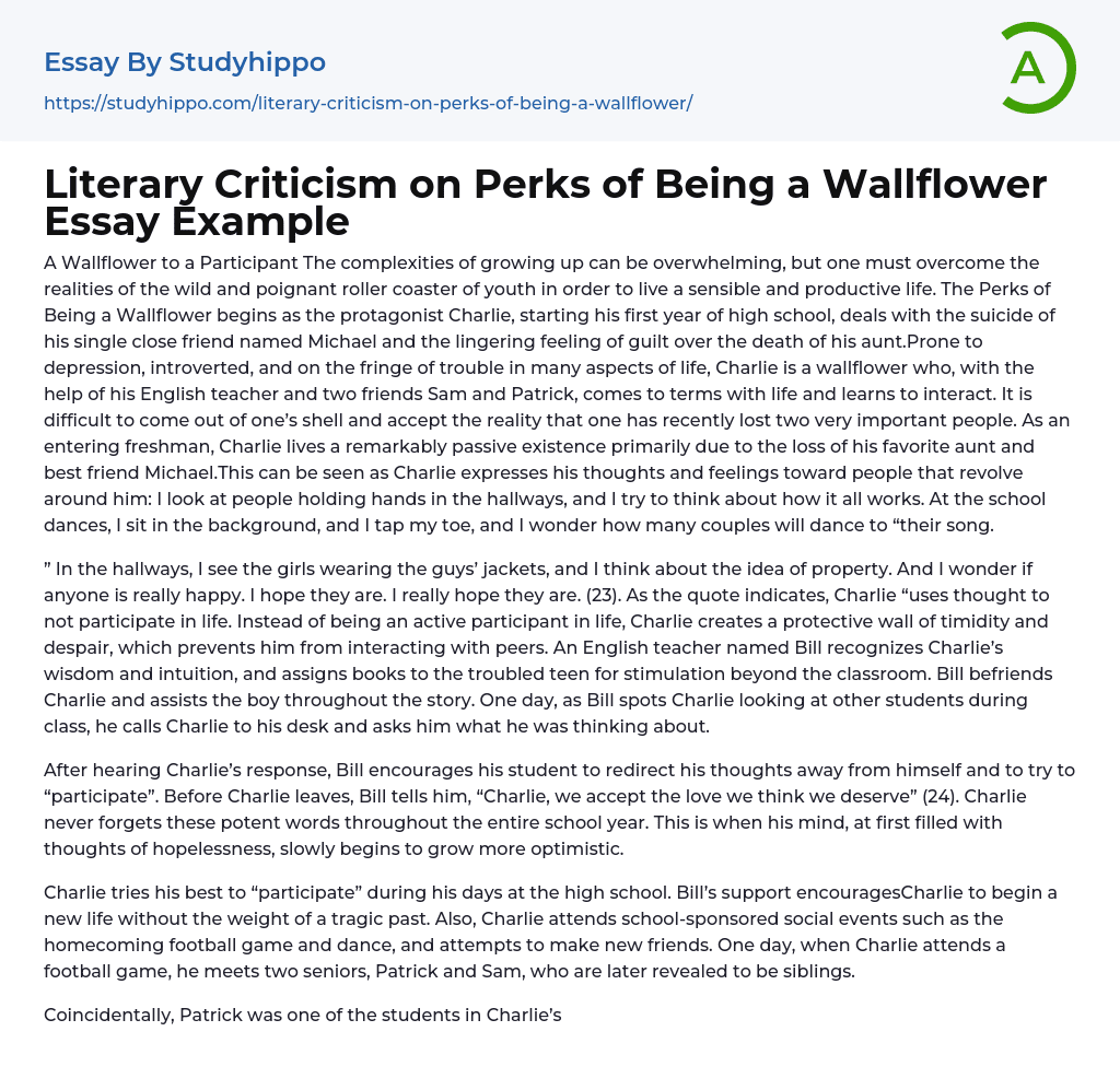 Literary Criticism on Perks of Being a Wallflower Essay Example
