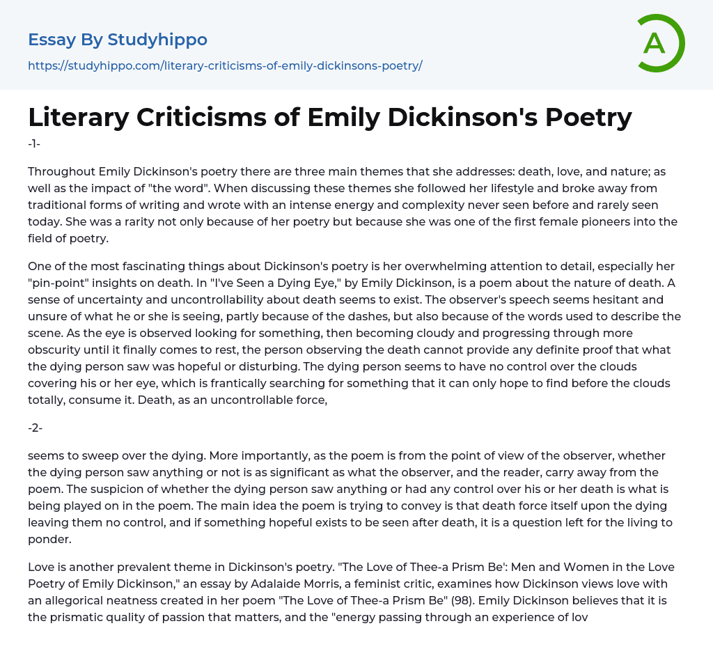Literary Criticisms of Emily Dickinson’s Poetry Essay Example