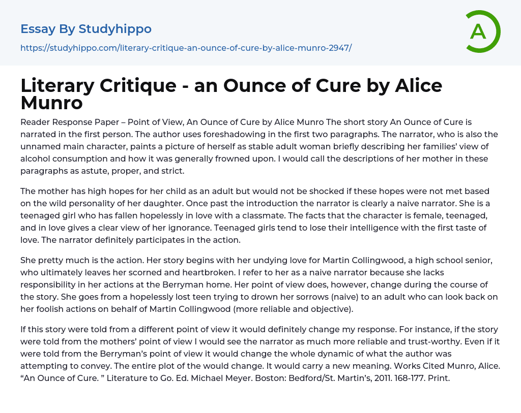 Literary Critique – an Ounce of Cure by Alice Munro Essay Example