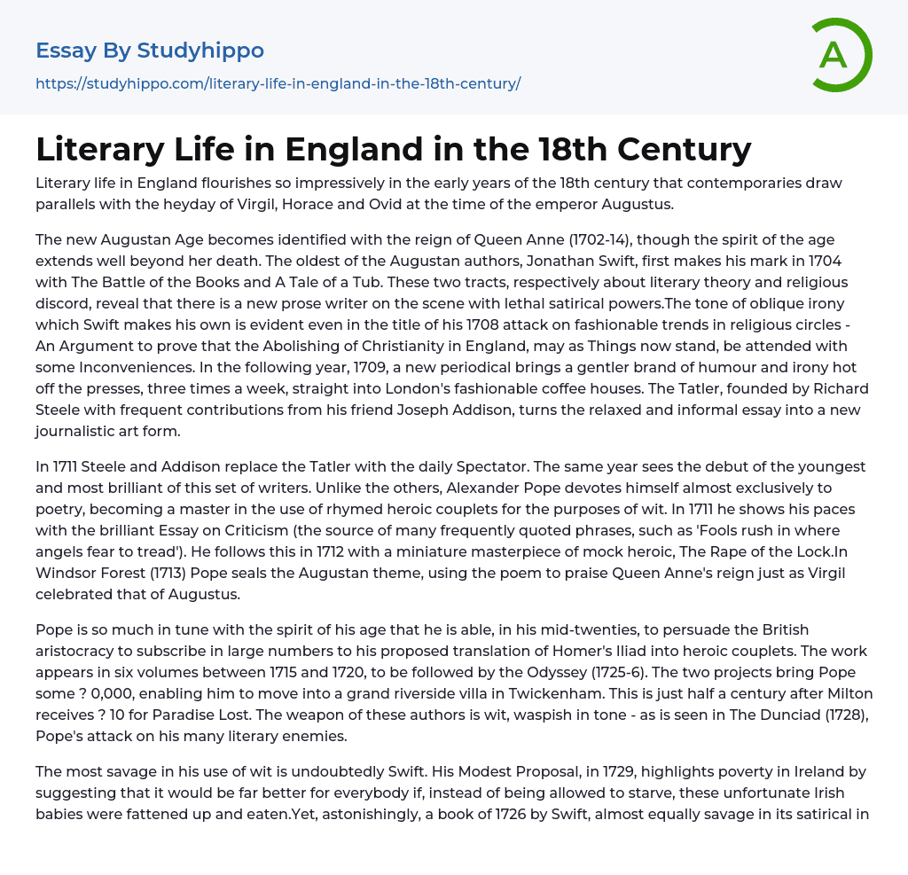Literary Life in England in the 18th Century Essay Example