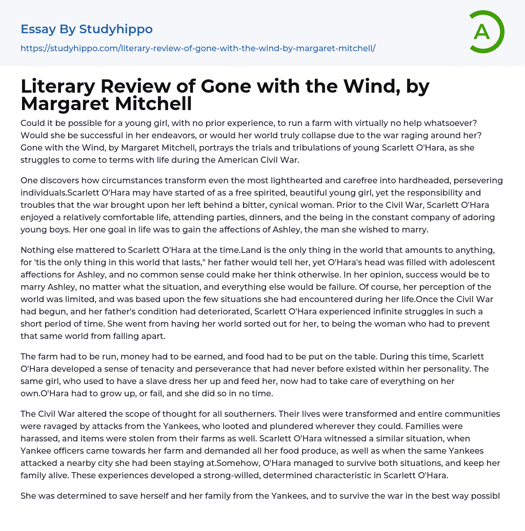 Literary Review of Gone with the Wind, by Margaret Mitchell Essay Example