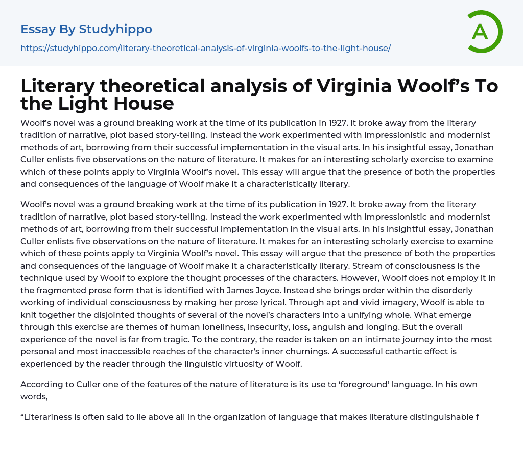 Literary theoretical analysis of Virginia Woolf’s To the Light House Essay Example