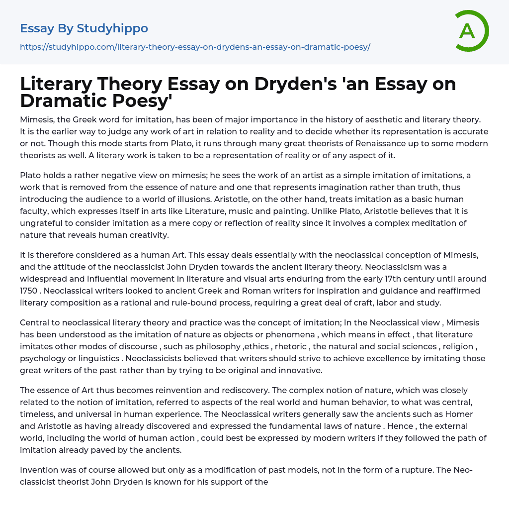 Literary Theory Essay on Dryden’s ‘an Essay on Dramatic Poesy’