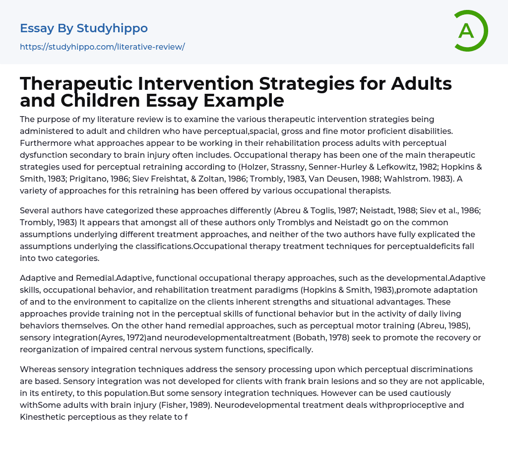 Therapeutic Intervention Strategies for Adults and Children Essay Example