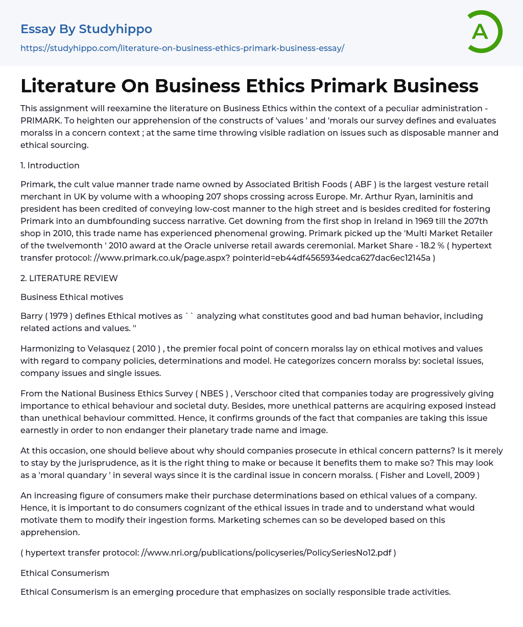 Literature On Business Ethics Primark Business Essay Example