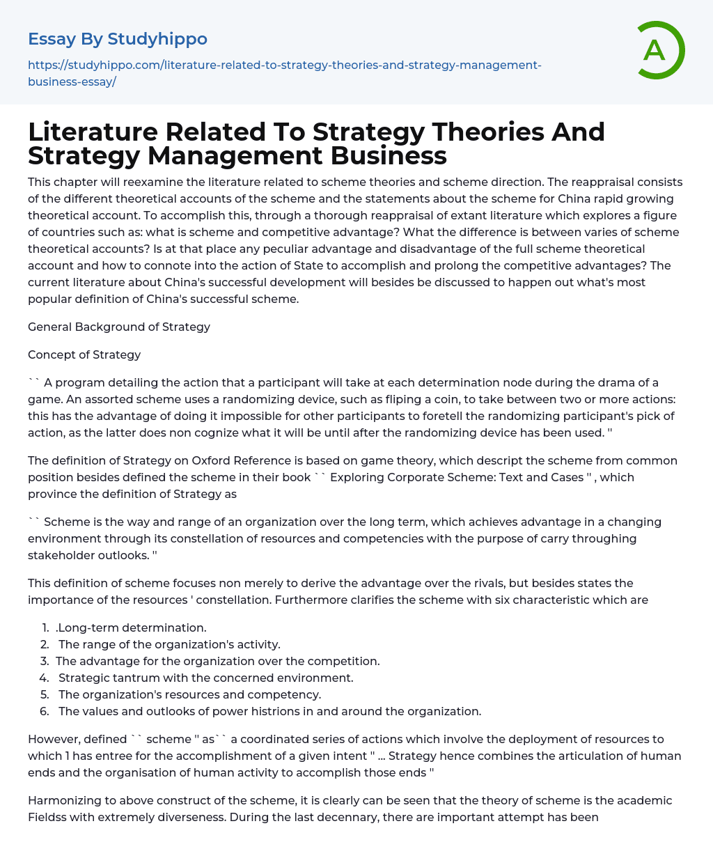 Literature Related To Strategy Theories And Strategy Management Business Essay Example