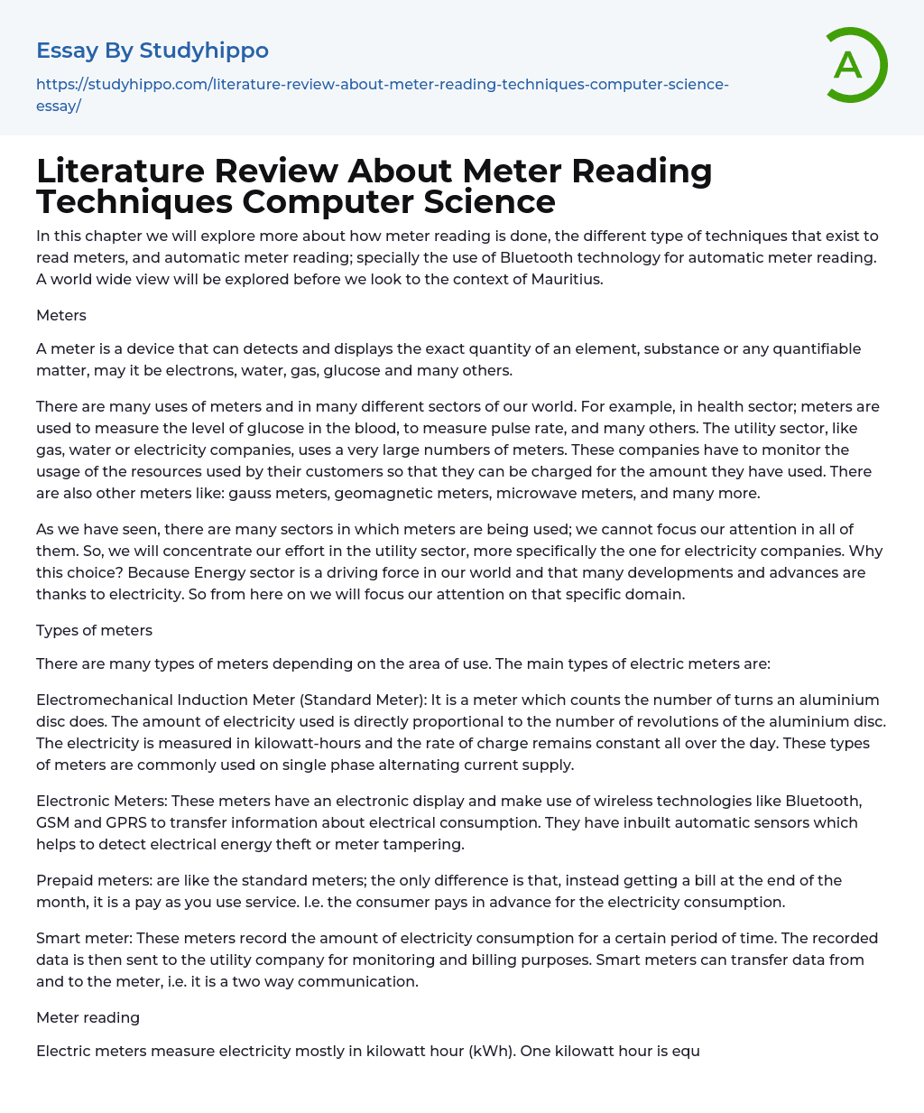 Literature Review About Meter Reading Techniques Computer Science Essay Example