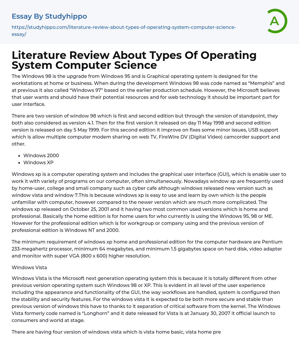 Literature Review About Types Of Operating System Computer Science Essay Example