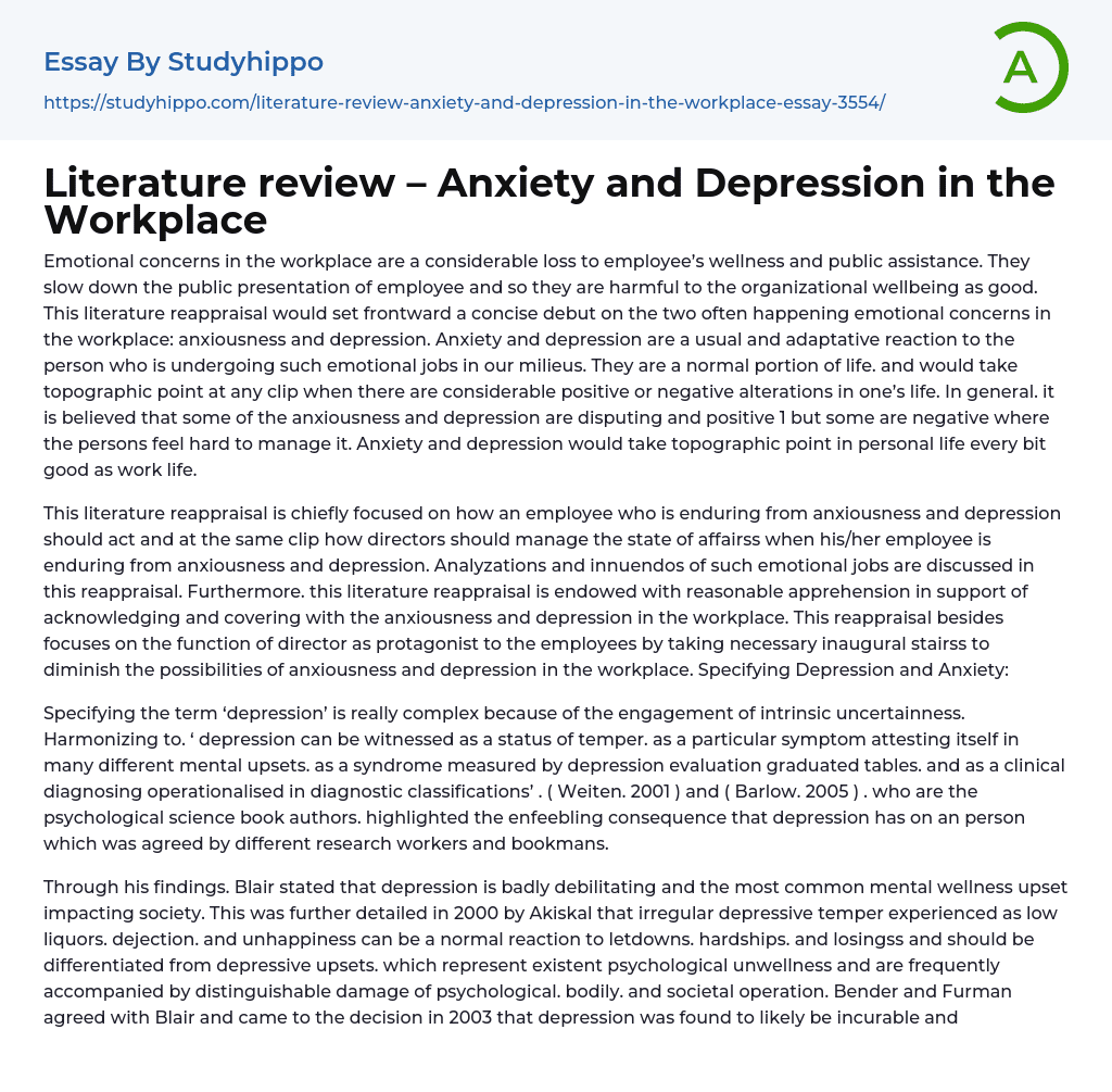 Literature review – Anxiety and Depression in the Workplace Essay Example