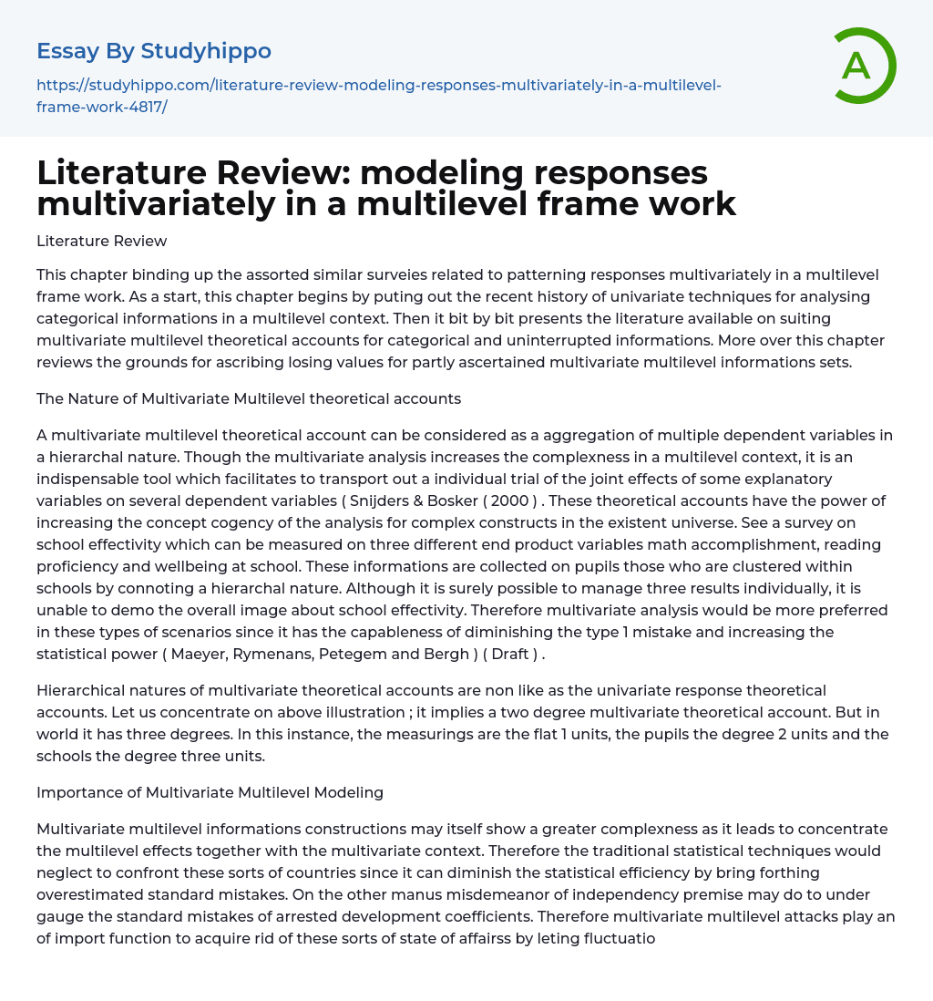 Literature Review: modeling responses multivariately in a multilevel frame work Essay Example