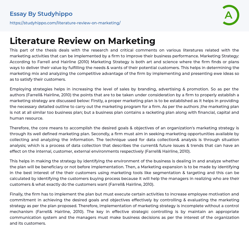 Literature Review on Marketing Essay Example