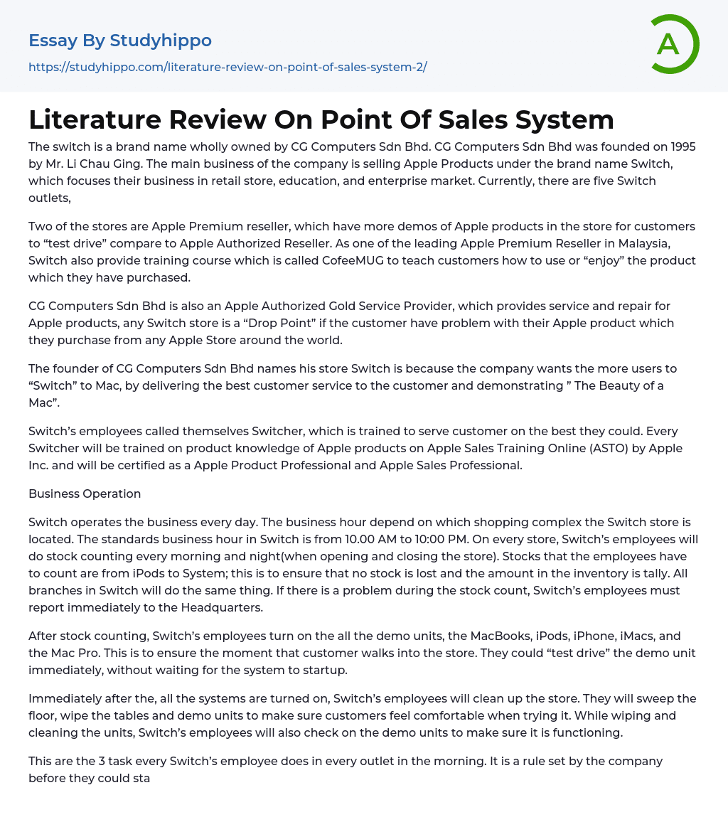 Literature Review On Point Of Sales System Essay Example