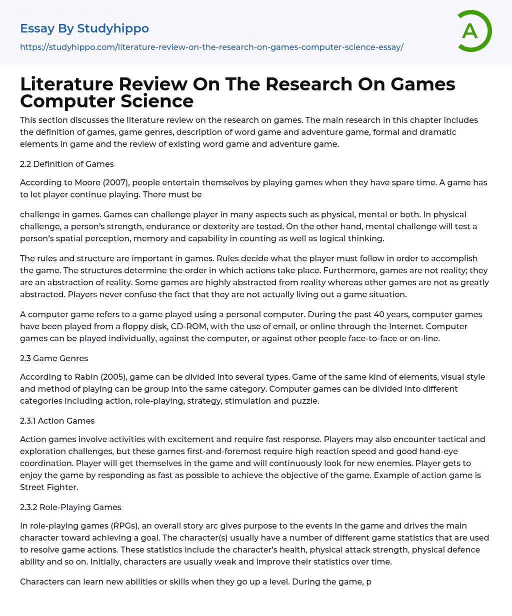 Literature Review On The Research On Games Computer Science Essay Example