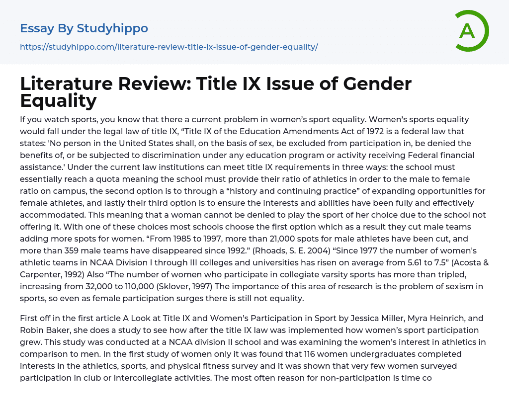 Literature Review: Title IX Issue of Gender Equality Essay Example