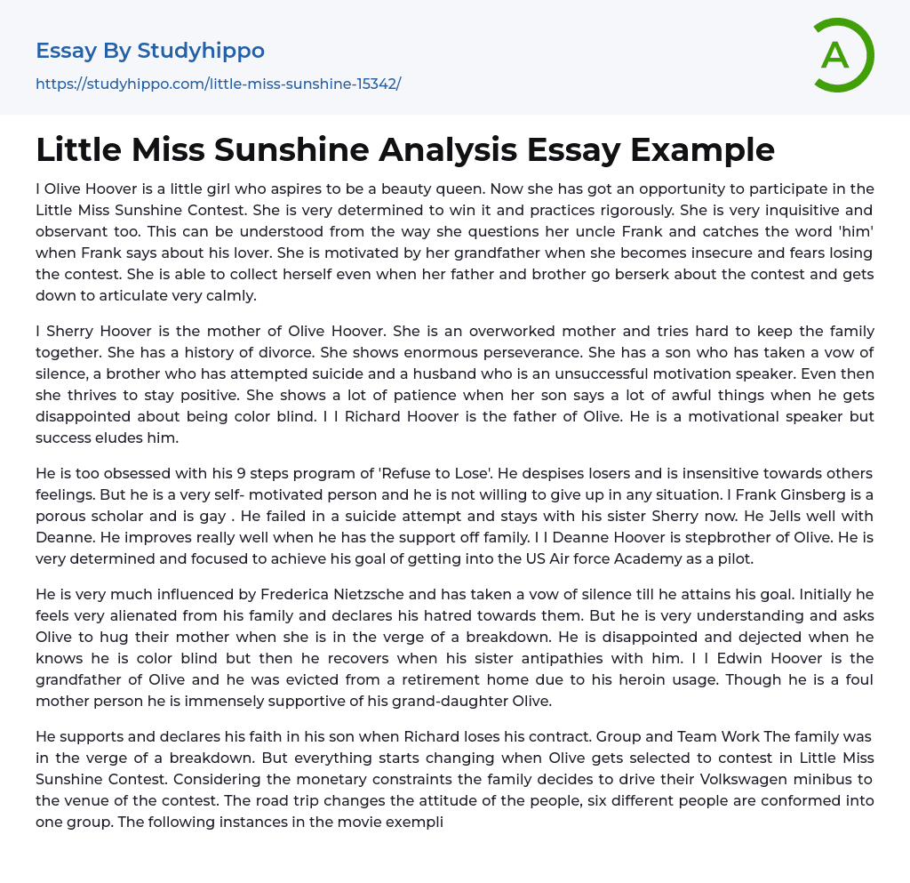 Little Miss Sunshine Analysis Essay Example