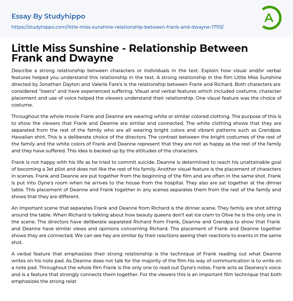 Little Miss Sunshine – Relationship Between Frank and Dwayne Essay Example