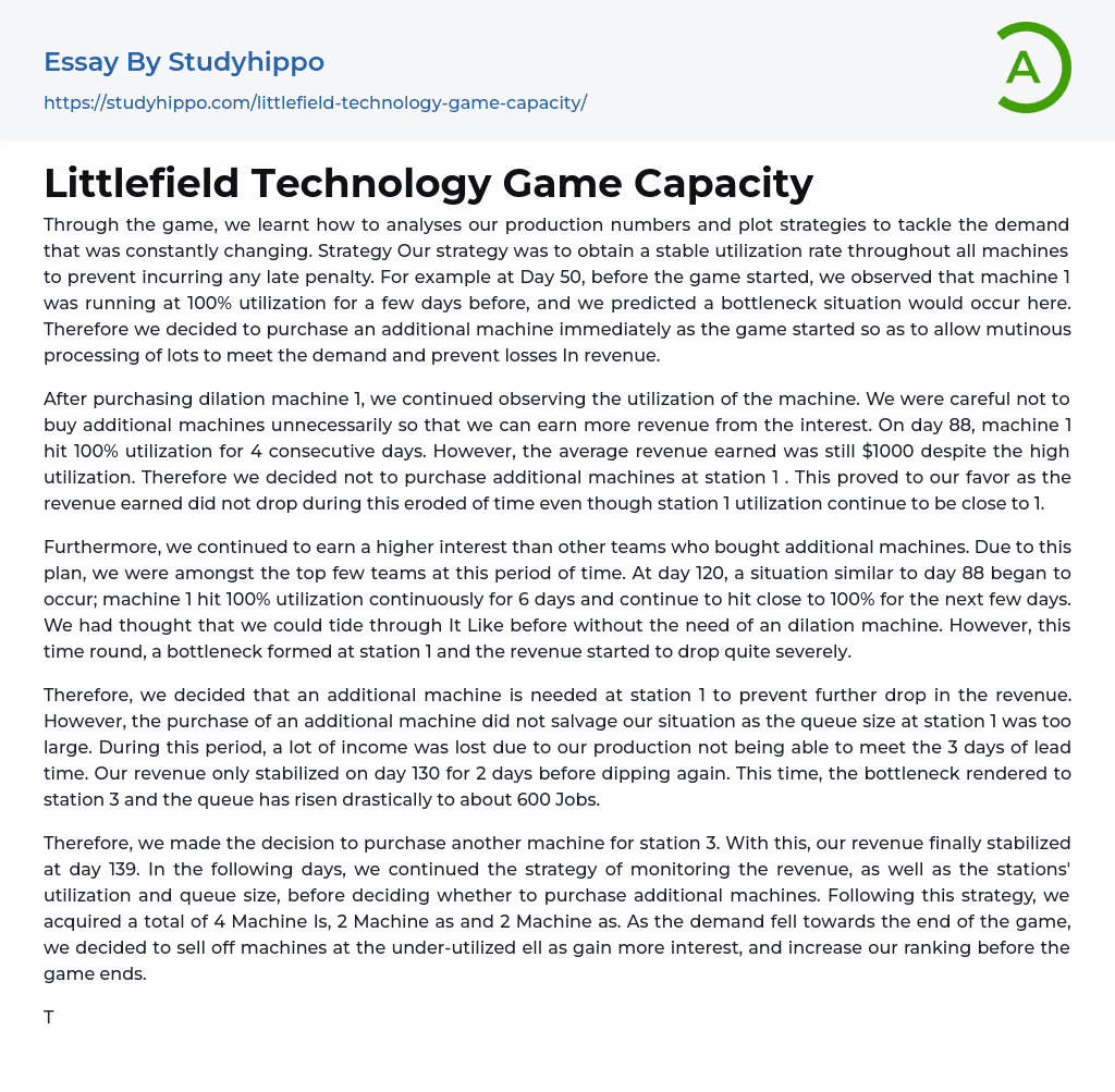 Littlefield Technology Game Capacity Essay Example